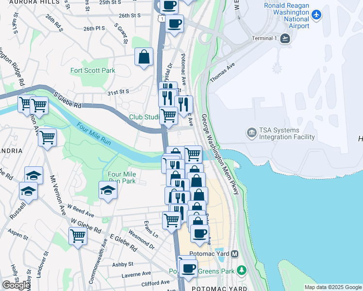 map of restaurants, bars, coffee shops, grocery stores, and more near 3600 South Glebe Road in Arlington