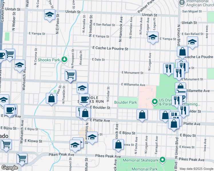 map of restaurants, bars, coffee shops, grocery stores, and more near 1027 East Willamette Avenue in Colorado Springs