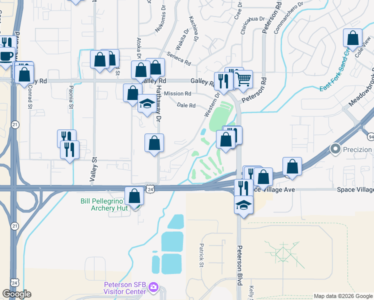 map of restaurants, bars, coffee shops, grocery stores, and more near 742 Western Drive in Colorado Springs