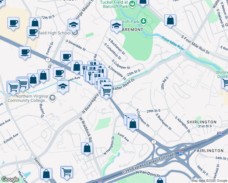 map of restaurants, bars, coffee shops, grocery stores, and more near 2735 South Walter Reed Drive in Arlington