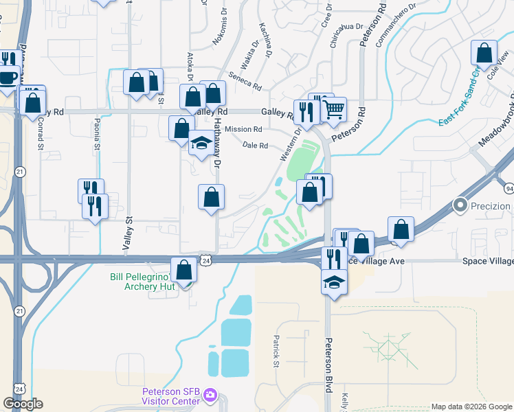 map of restaurants, bars, coffee shops, grocery stores, and more near 742 Western Drive in Colorado Springs