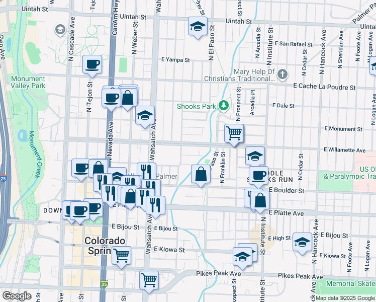 map of restaurants, bars, coffee shops, grocery stores, and more near 624 East Saint Vrain Street in Colorado Springs