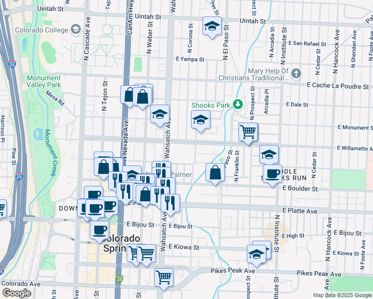 map of restaurants, bars, coffee shops, grocery stores, and more near 506 North Royer Street in Colorado Springs