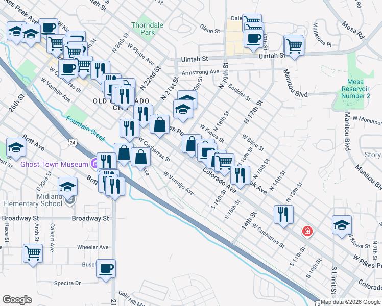 map of restaurants, bars, coffee shops, grocery stores, and more near 1723 West Colorado Avenue in Colorado Springs