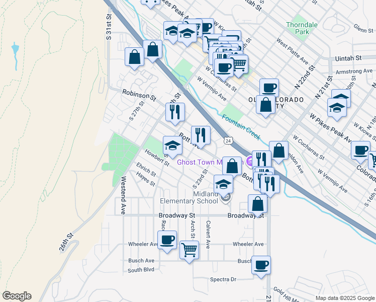 map of restaurants, bars, coffee shops, grocery stores, and more near 804 South 24th Street in Colorado Springs