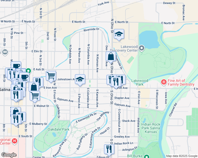 map of restaurants, bars, coffee shops, grocery stores, and more near 112 North Kansas Avenue in Salina