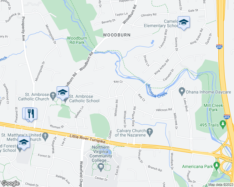 map of restaurants, bars, coffee shops, grocery stores, and more near 3811 Whitman Road in Annandale