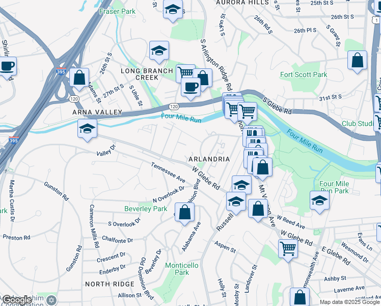 map of restaurants, bars, coffee shops, grocery stores, and more near 3840 Brighton Court in Alexandria