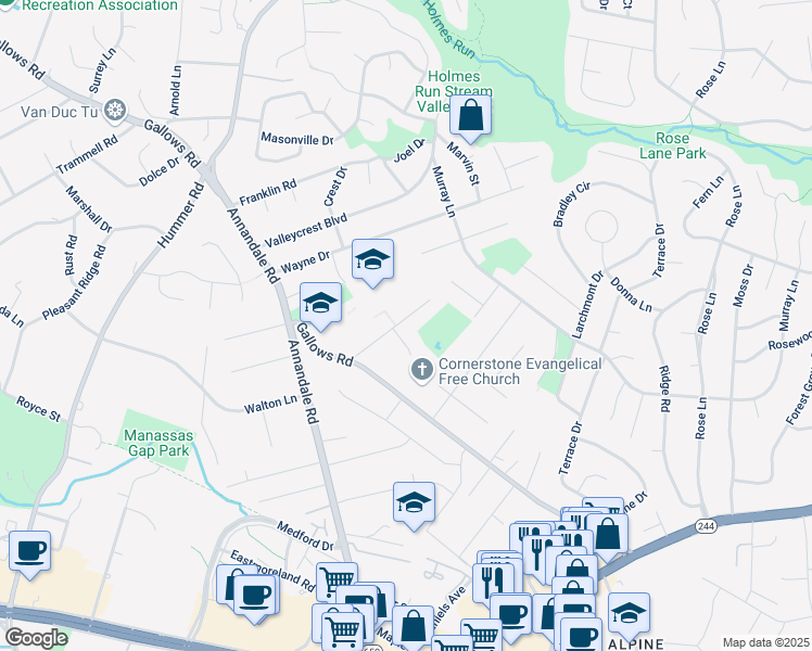 map of restaurants, bars, coffee shops, grocery stores, and more near 7231 Brookcrest Place in Annandale