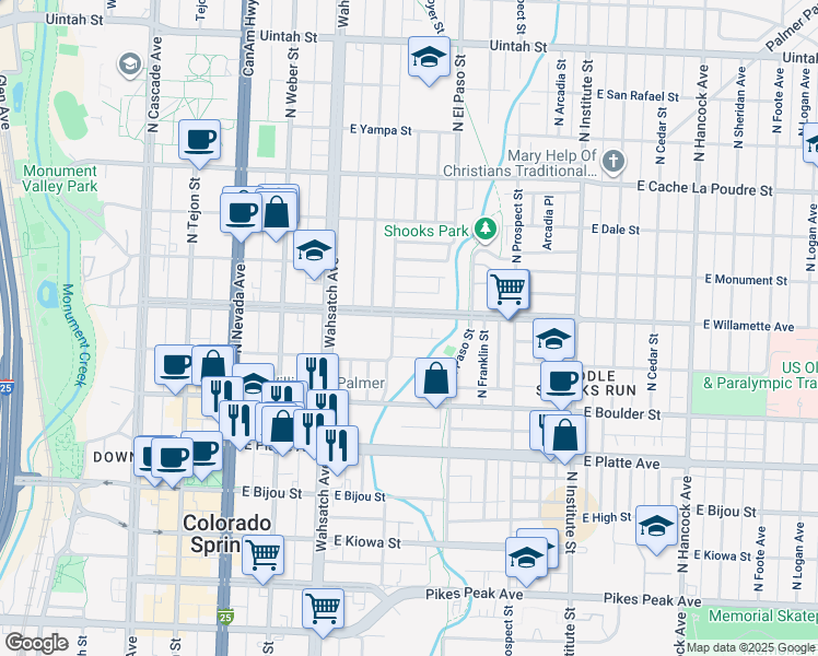 map of restaurants, bars, coffee shops, grocery stores, and more near 624 East Saint Vrain Street in Colorado Springs