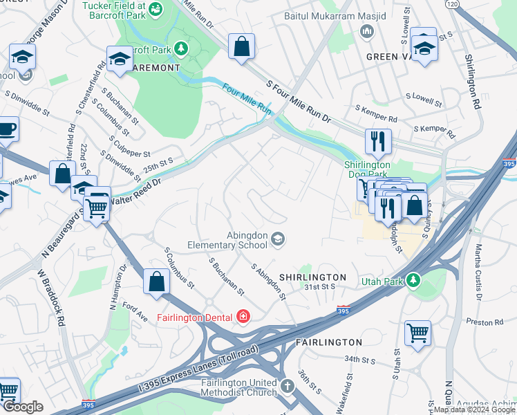 map of restaurants, bars, coffee shops, grocery stores, and more near 2931A South Woodstock Street in Arlington