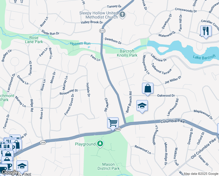 map of restaurants, bars, coffee shops, grocery stores, and more near 3800 Sleepy Hollow Road in Falls Church