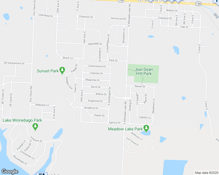 map of restaurants, bars, coffee shops, grocery stores, and more near 1201 Birch Drive in Greenwood