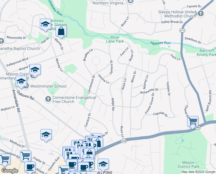 map of restaurants, bars, coffee shops, grocery stores, and more near 3802 Ridge Road in Annandale