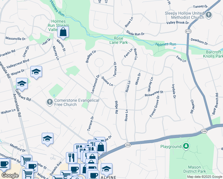 map of restaurants, bars, coffee shops, grocery stores, and more near 3802 Ridge Road in Annandale