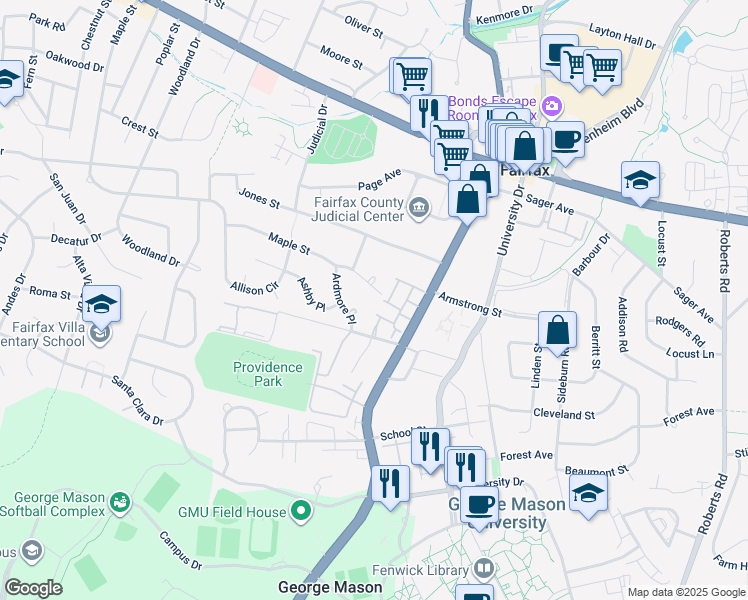 map of restaurants, bars, coffee shops, grocery stores, and more near 10603 Maple Street in Fairfax