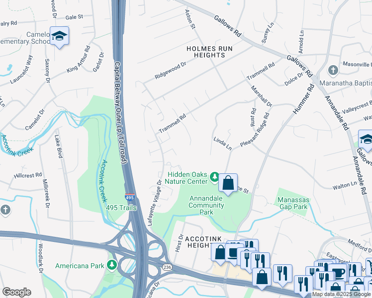 map of restaurants, bars, coffee shops, grocery stores, and more near 3716 Merrimac Trail in Annandale