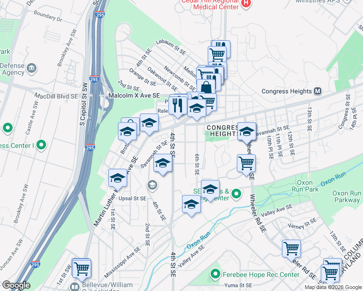 map of restaurants, bars, coffee shops, grocery stores, and more near 443 Savannah Street Southeast in Washington