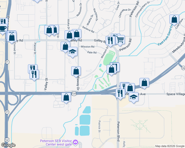 map of restaurants, bars, coffee shops, grocery stores, and more near 742 Western Drive in Colorado Springs