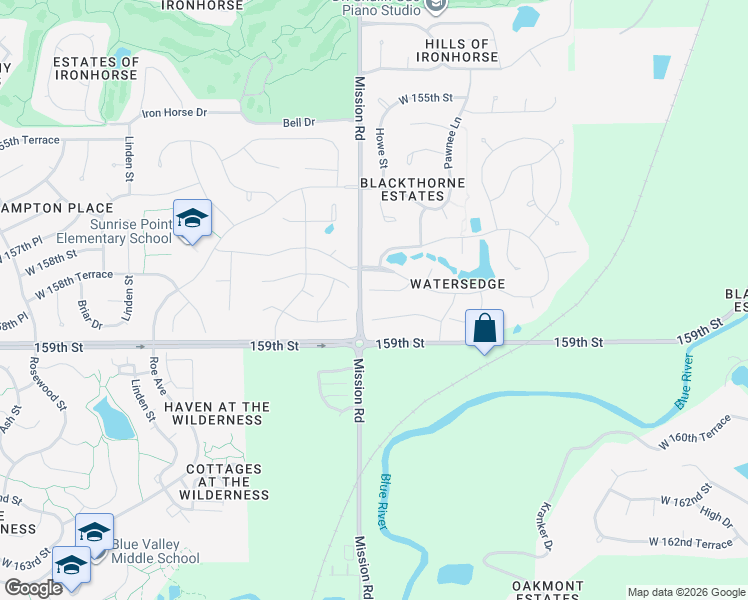 map of restaurants, bars, coffee shops, grocery stores, and more near 15835 Mission Road in Overland Park