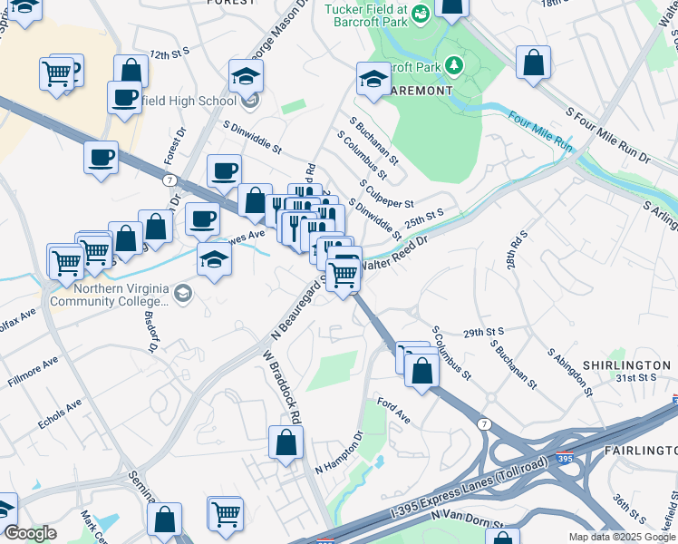 map of restaurants, bars, coffee shops, grocery stores, and more near 5029 23rd Street South in Arlington