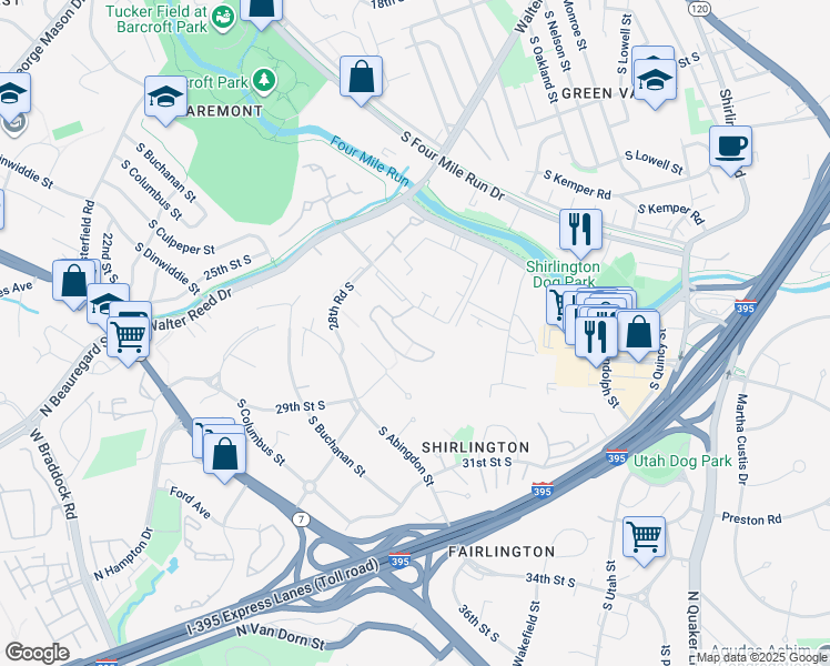 map of restaurants, bars, coffee shops, grocery stores, and more near 2913 South Woodley Street in Arlington