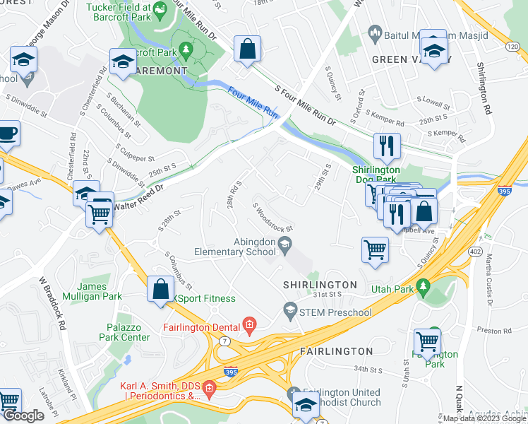 map of restaurants, bars, coffee shops, grocery stores, and more near 2929C South Woodstock Street in Arlington