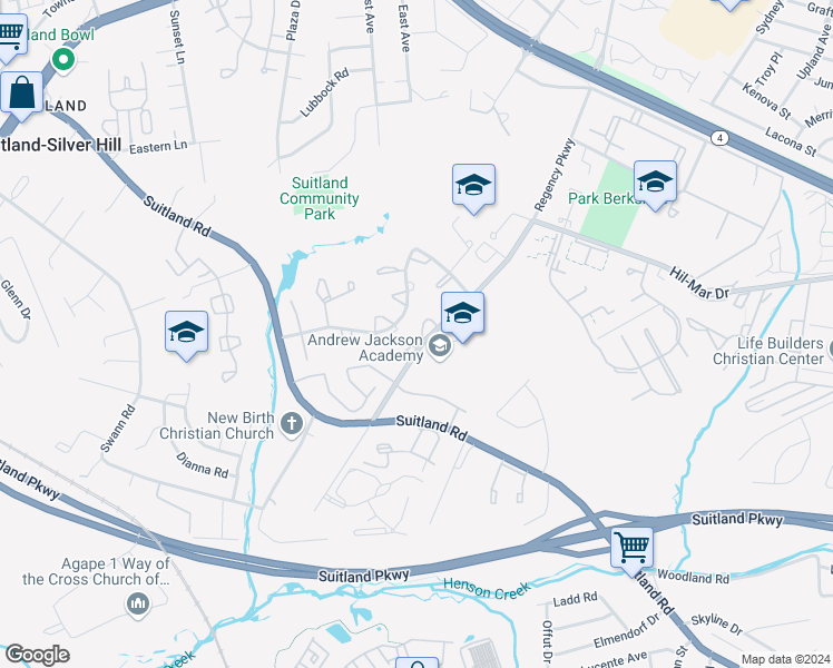 map of restaurants, bars, coffee shops, grocery stores, and more near 3465 Regency Parkway in District Heights