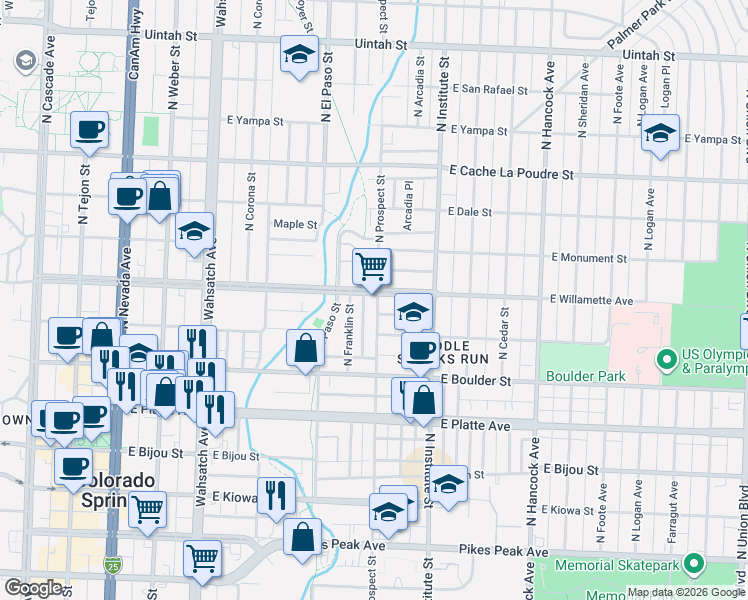 map of restaurants, bars, coffee shops, grocery stores, and more near 749 East Willamette Avenue in Colorado Springs