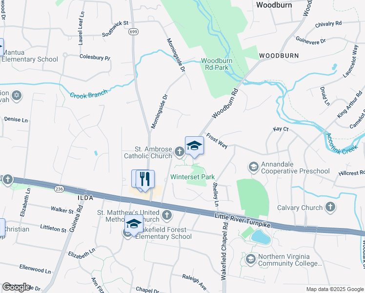 map of restaurants, bars, coffee shops, grocery stores, and more near 3810 Woodburn Road in Annandale
