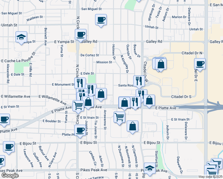 map of restaurants, bars, coffee shops, grocery stores, and more near 3208 East Platte Avenue in Colorado Springs