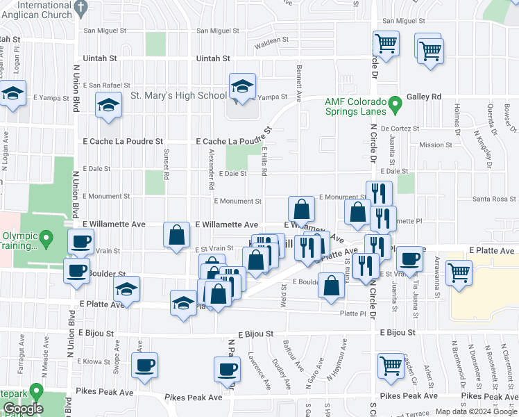 map of restaurants, bars, coffee shops, grocery stores, and more near 2502 East Willamette Avenue in Colorado Springs