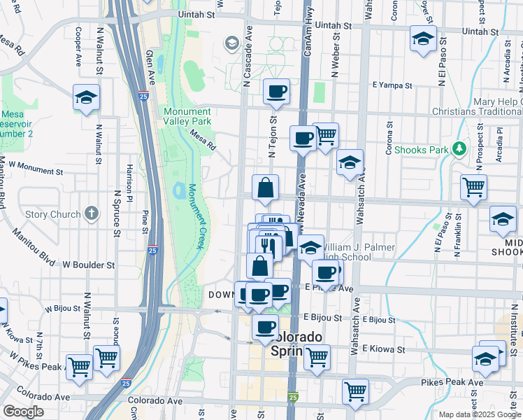 map of restaurants, bars, coffee shops, grocery stores, and more near 100 East Saint Vrain Street in Colorado Springs