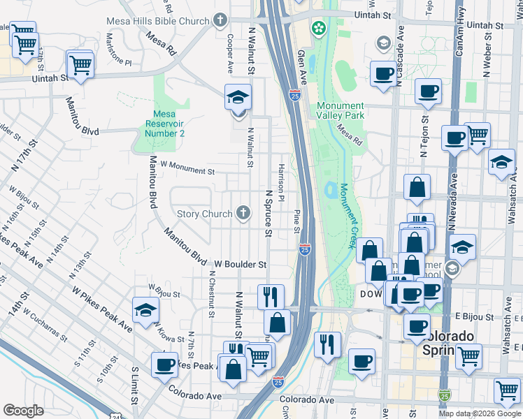 map of restaurants, bars, coffee shops, grocery stores, and more near 418 West Saint Vrain Street in Colorado Springs