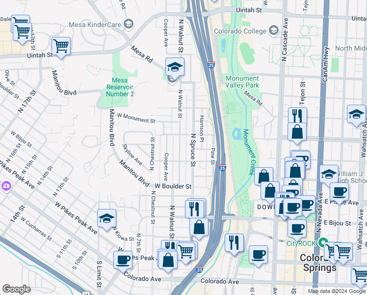 map of restaurants, bars, coffee shops, grocery stores, and more near 418 West Saint Vrain Street in Colorado Springs