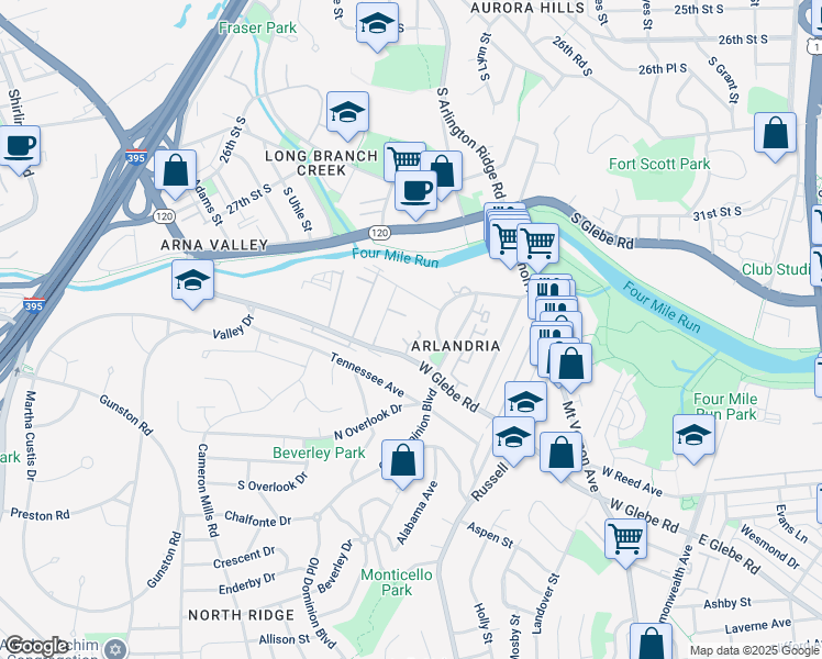 map of restaurants, bars, coffee shops, grocery stores, and more near 3834 Brighton Court in Alexandria