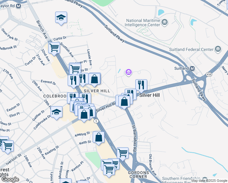 map of restaurants, bars, coffee shops, grocery stores, and more near 3904 Old Silver Hill Road in Suitland-Silver Hill