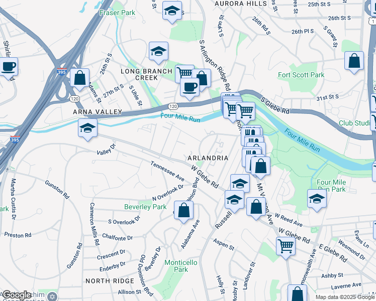 map of restaurants, bars, coffee shops, grocery stores, and more near 3834 Brighton Court in Alexandria