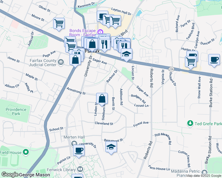 map of restaurants, bars, coffee shops, grocery stores, and more near 4106 Berritt Street in Fairfax