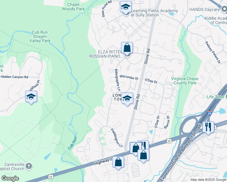 map of restaurants, bars, coffee shops, grocery stores, and more near 14833 Hancock Court in Centreville