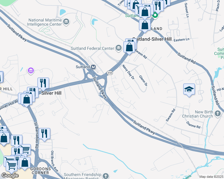 map of restaurants, bars, coffee shops, grocery stores, and more near 3415 Parkway Terrace Drive in Suitland-Silver Hill