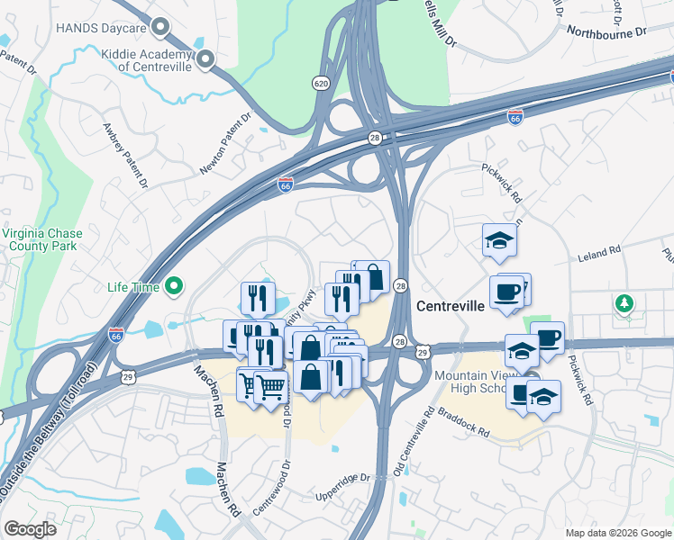 map of restaurants, bars, coffee shops, grocery stores, and more near 5815 Post Corners Trail in Centreville
