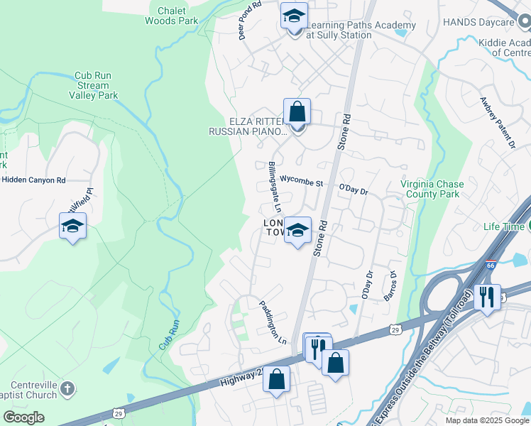 map of restaurants, bars, coffee shops, grocery stores, and more near 14833 Hancock Court in Centreville
