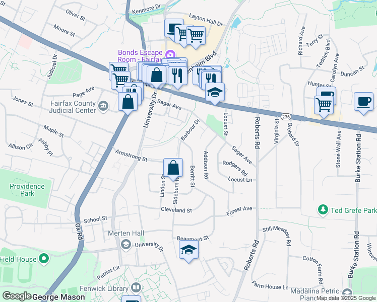 map of restaurants, bars, coffee shops, grocery stores, and more near 4106 Berritt Street in Fairfax