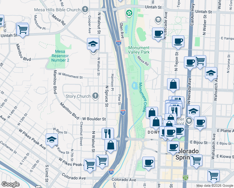 map of restaurants, bars, coffee shops, grocery stores, and more near 503 Pine Street in Colorado Springs