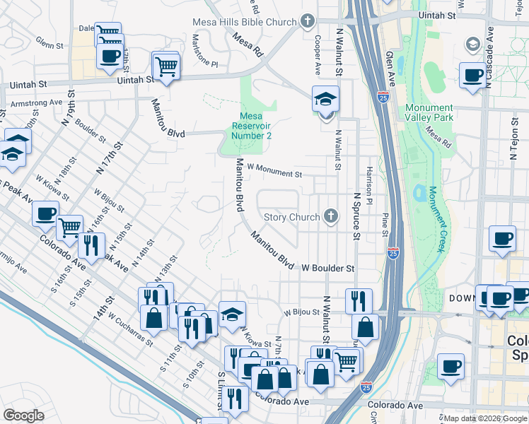 map of restaurants, bars, coffee shops, grocery stores, and more near 642 Skyline Avenue in Colorado Springs