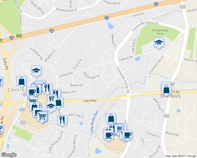 map of restaurants, bars, coffee shops, grocery stores, and more near 5515 Lavatera Court in Centreville