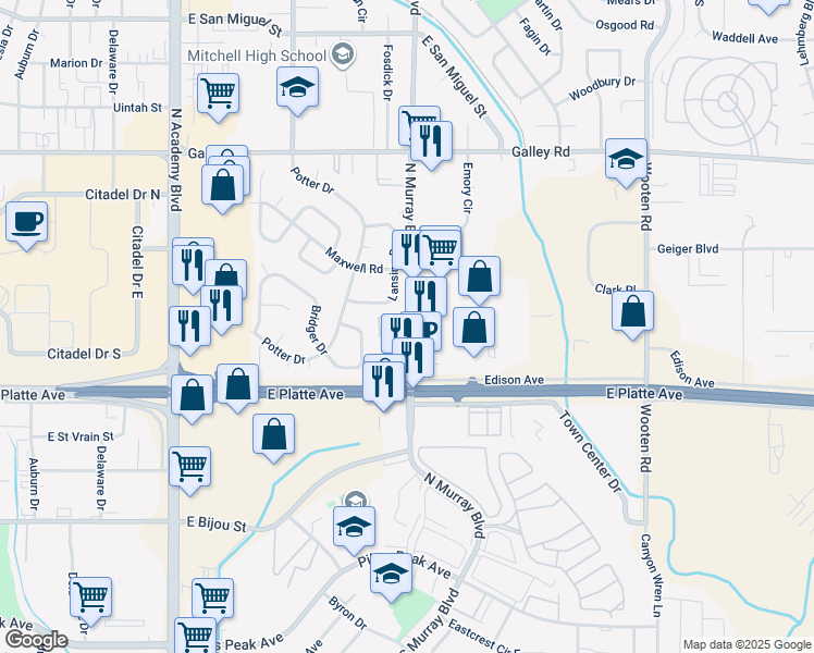 map of restaurants, bars, coffee shops, grocery stores, and more near 640 North Murray Boulevard in Colorado Springs