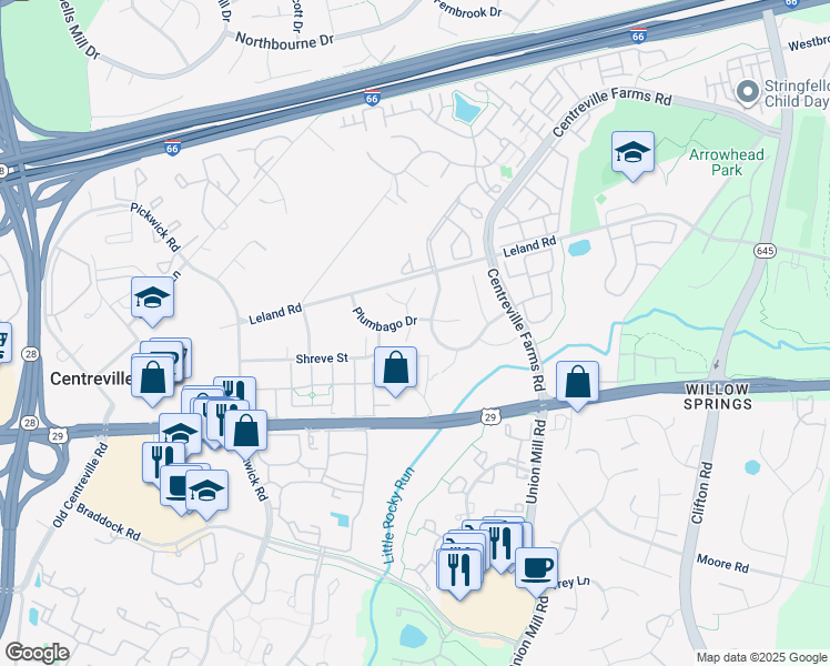 map of restaurants, bars, coffee shops, grocery stores, and more near 5515 Lavatera Court in Centreville