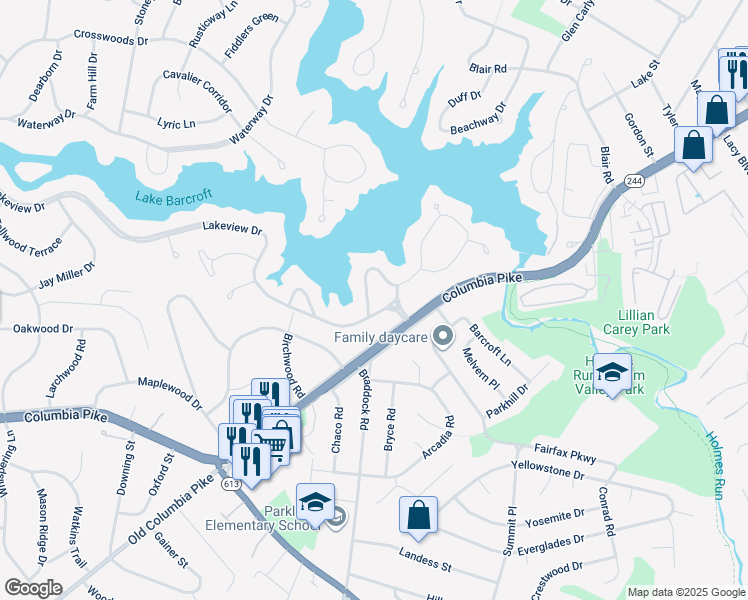 map of restaurants, bars, coffee shops, grocery stores, and more near 6325 Lakeview Drive in Falls Church